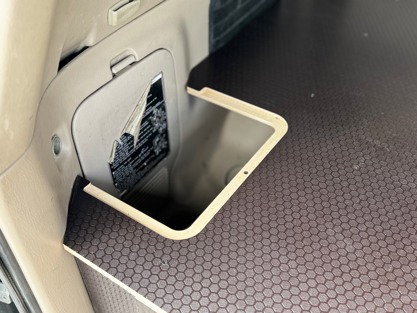 Custom vehicle drawer system with hex patterned surface and open storage compartment