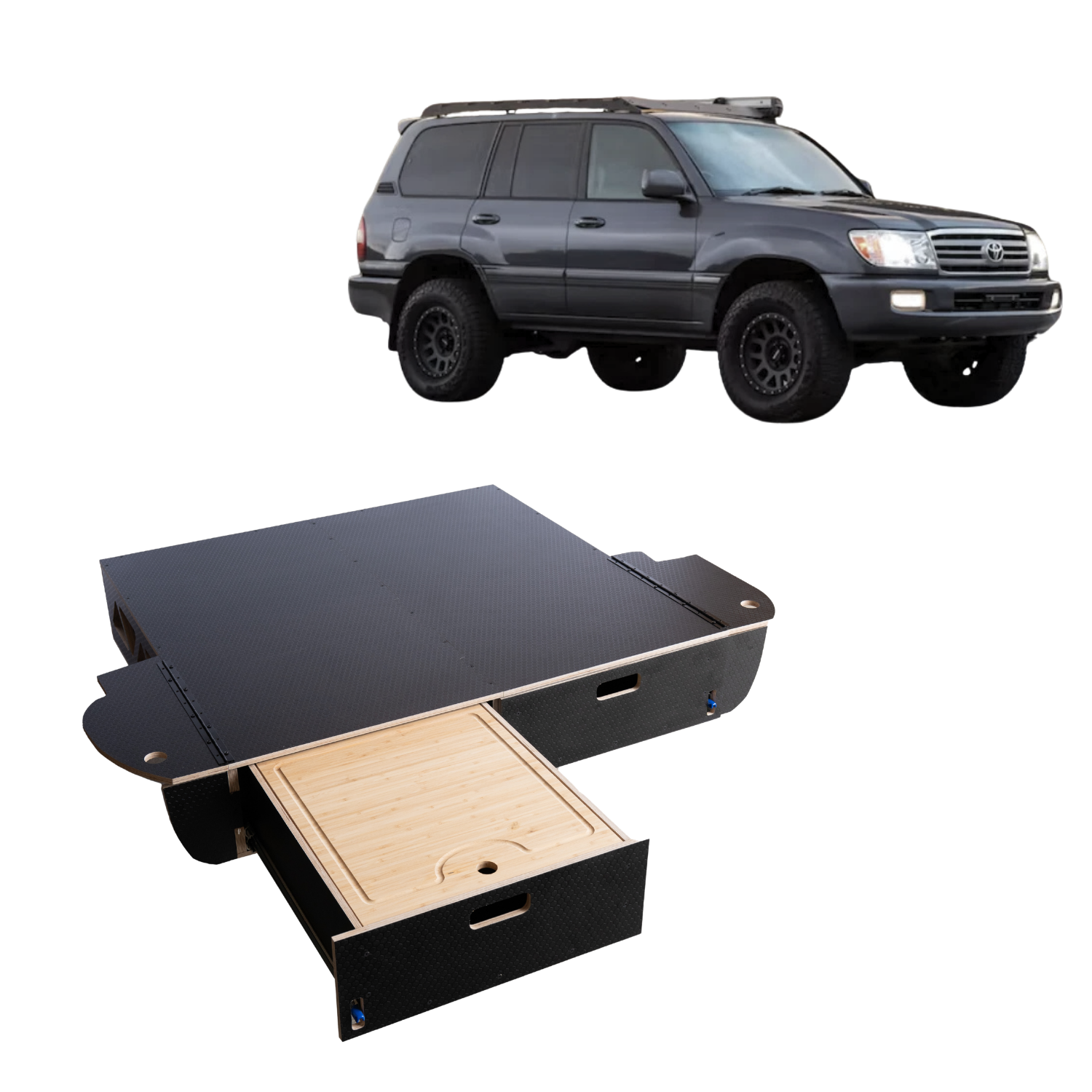 SUV with custom vehicle drawer storage system featuring pull-out wooden drawers