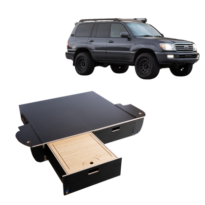 SUV with custom vehicle drawer storage system featuring pull-out wooden drawers