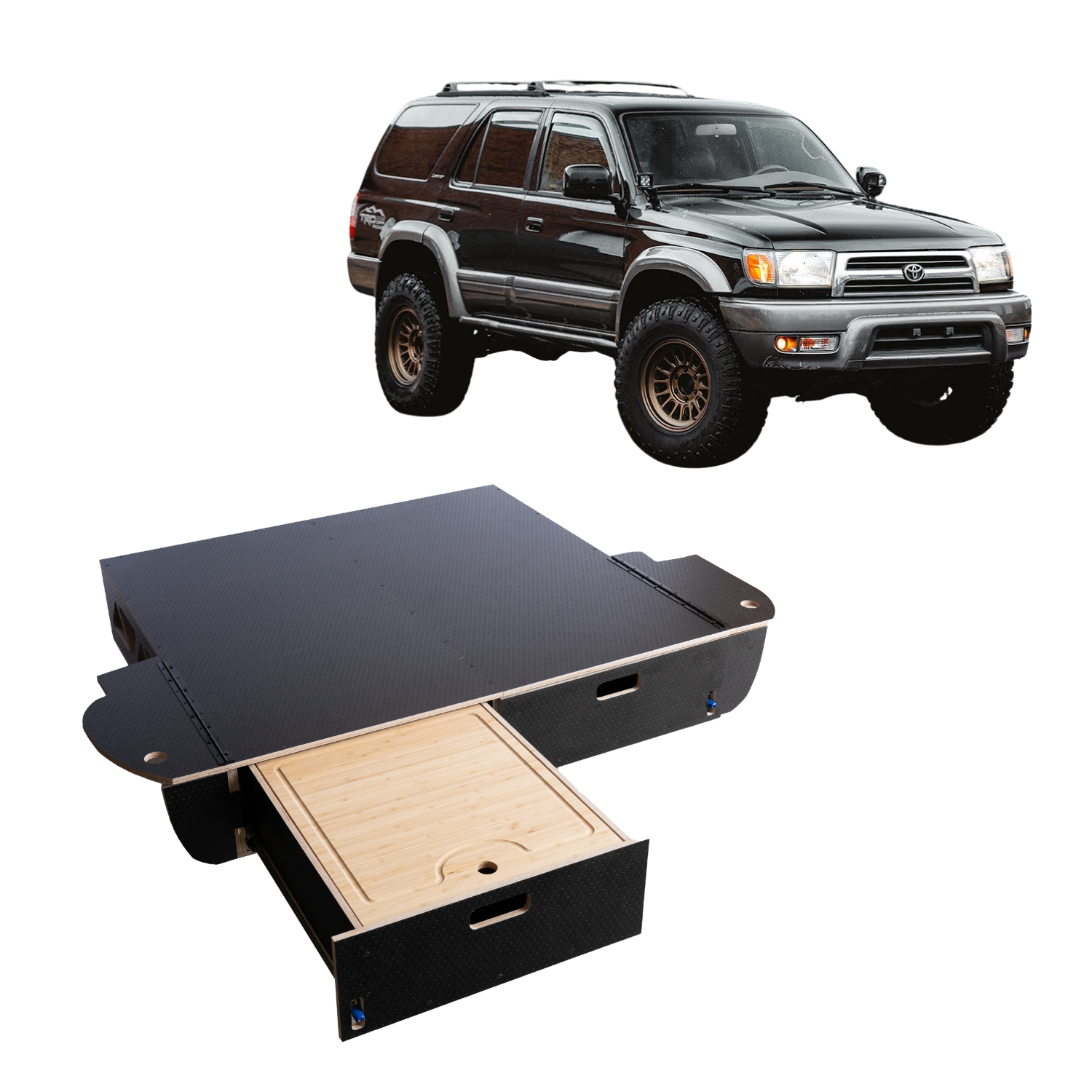 SUV with modular vehicle drawer storage system and pull-out wooden drawer organizer.
