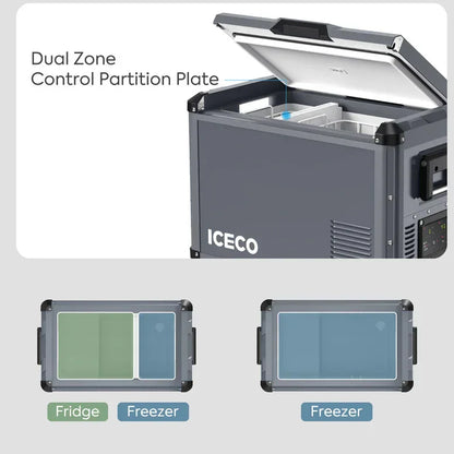 Dual zone vehicle fridge freezer with partition plate, showing fridge and freezer compartments.