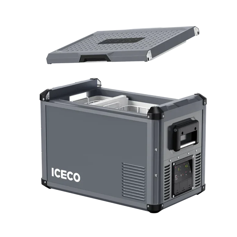 Portable vehicle fridge freezer with removable lid, durable gray exterior, and digital control panel