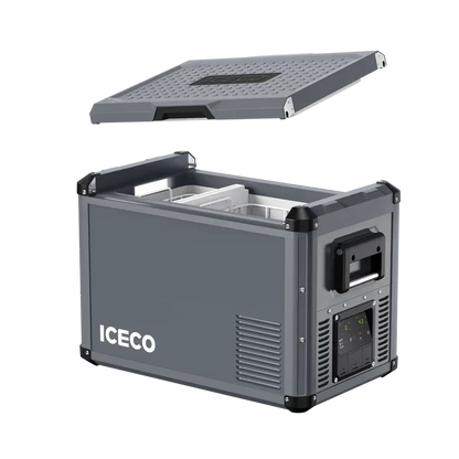 Portable vehicle fridge freezer with removable lid, durable gray exterior, and digital control panel