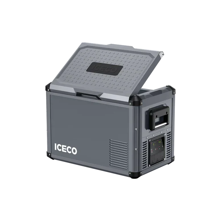 Portable vehicle refrigerator freezer with open lid and digital control panel.