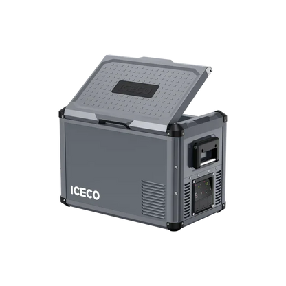 Portable vehicle refrigerator freezer with open lid and digital control panel.