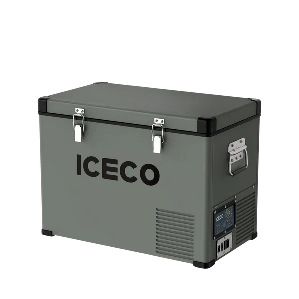 Portable ICECO fridge freezer for vehicles, lockable lid, side handles, digital control panel