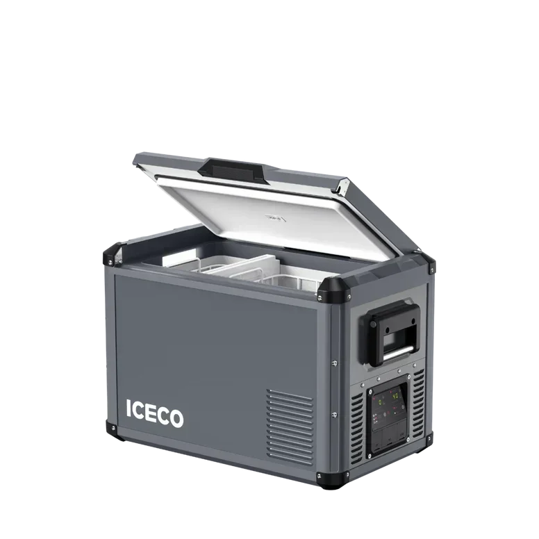 Portable gray vehicle fridge freezer with lid open and digital control panel, ICECO logo visible