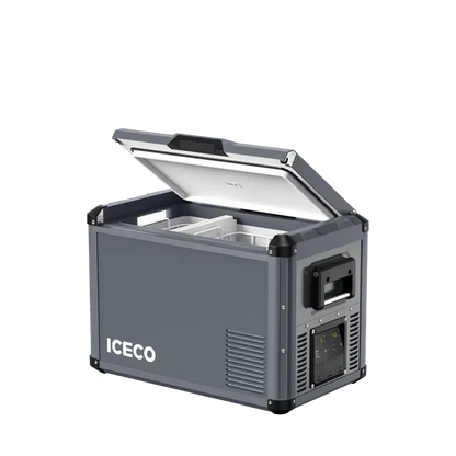 Portable gray vehicle fridge freezer with lid open and digital control panel, ICECO logo visible