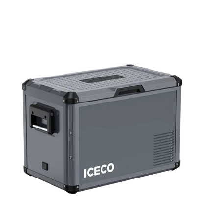 Portable grey vehicle storage box with side handles and ICECO logo, suitable for car organization.