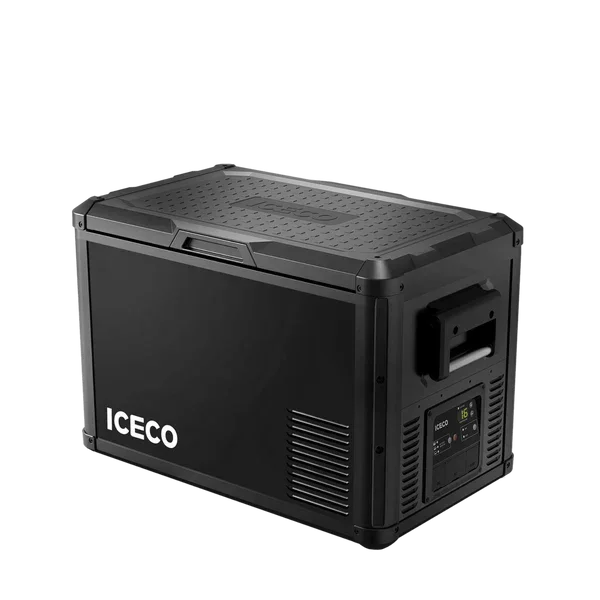 Portable black vehicle fridge freezer with digital control panel, ideal for car storage solutions