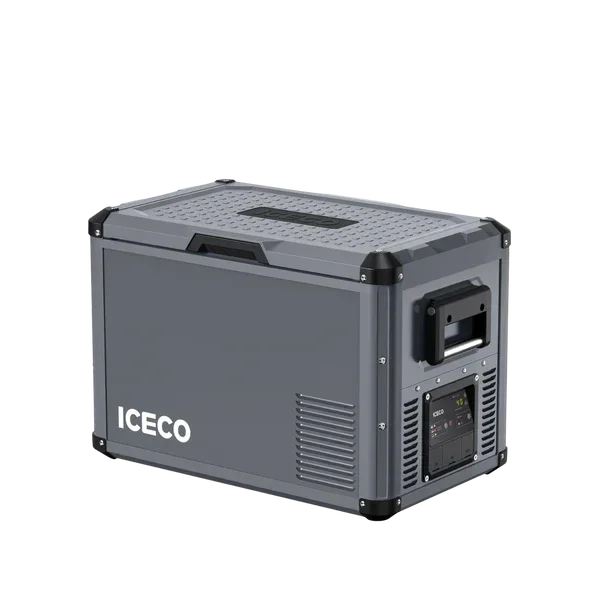 Gray portable vehicle refrigerator with digital control panel and side handles