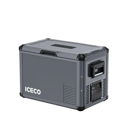 Gray portable vehicle refrigerator with digital control panel and side handles