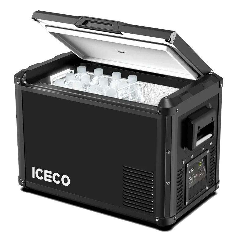 Portable fridge freezer with open lid, filled with bottled drinks, ideal for vehicle storage