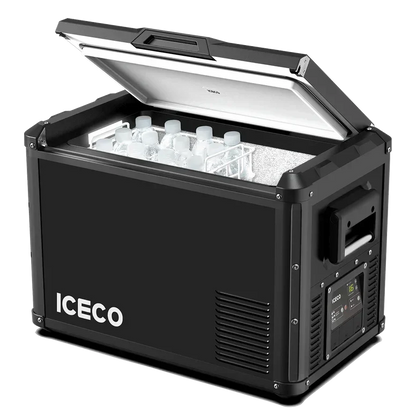 Portable fridge freezer with open lid, filled with bottled drinks, ideal for vehicle storage