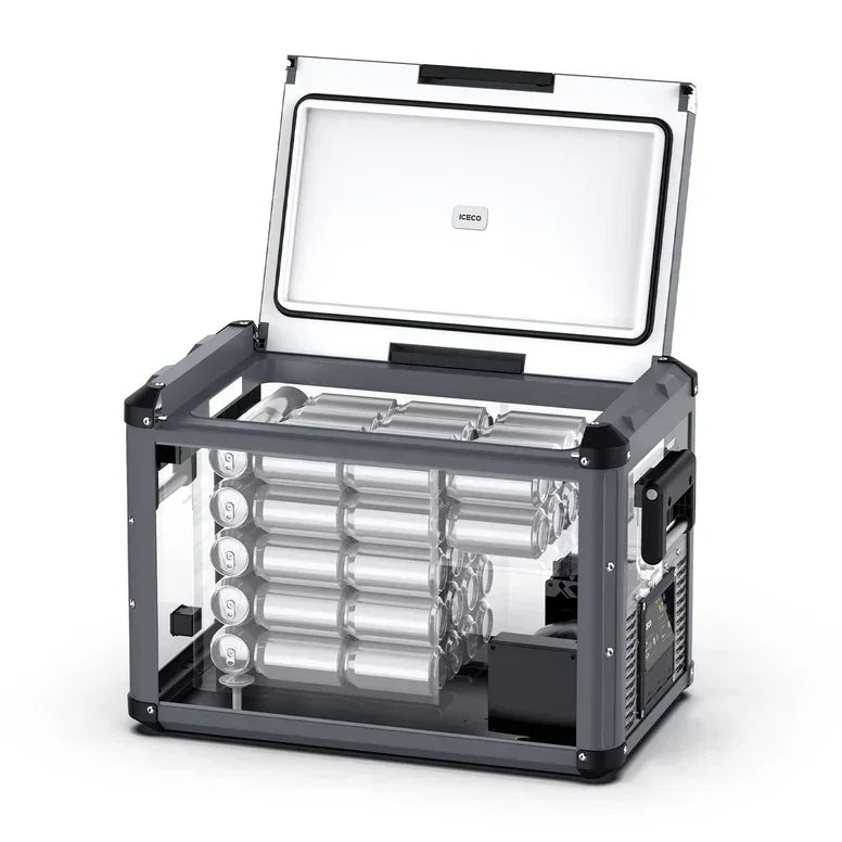 Portable vehicle fridge with open lid, showing interior filled with beverage cans