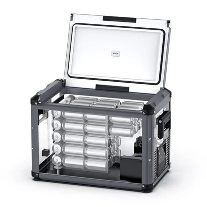 Portable vehicle fridge with open lid, showing interior filled with beverage cans