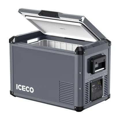 Portable vehicle fridge freezer with open lid and control panel for outdoor storage solutions