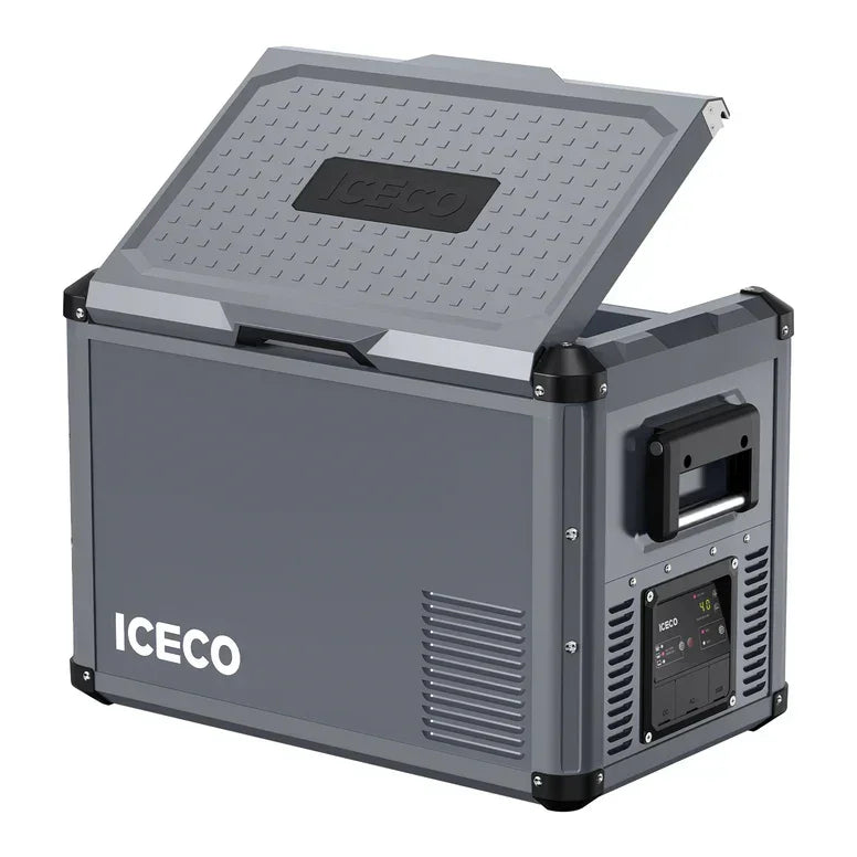 Portable vehicle fridge freezer with rear lid open, control panel, and side handle