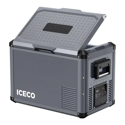 Portable vehicle fridge freezer with rear lid open, control panel, and side handle