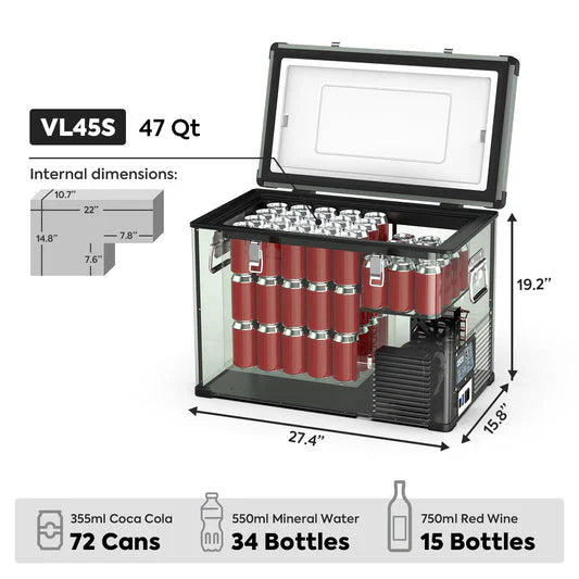 47 quart portable fridge with open lid showing can and bottle storage capacity and dimensions.