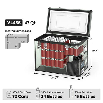 47 quart portable fridge with open lid showing can and bottle storage capacity and dimensions.