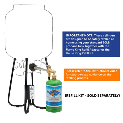 Flame King refillable propane cylinder with refill adapter and instructional text.