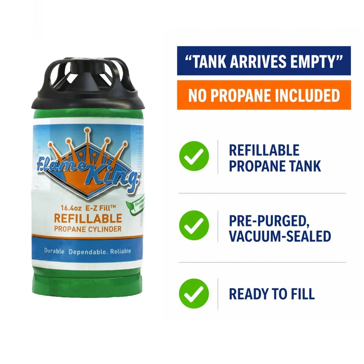 Flame King 16.4oz refillable propane cylinder, empty and ready to fill.