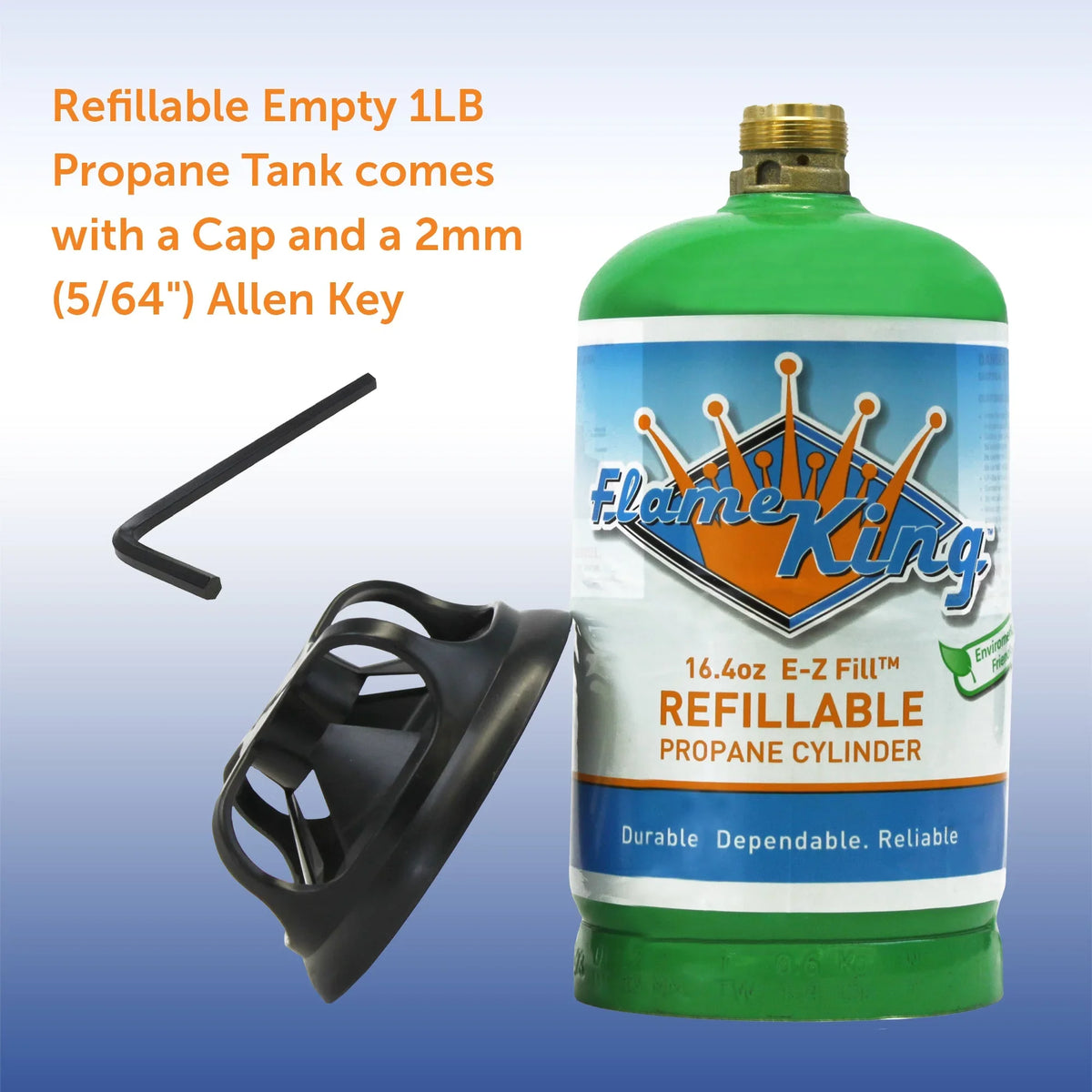 Flame King 16.4oz refillable propane cylinder with black cap and Allen key