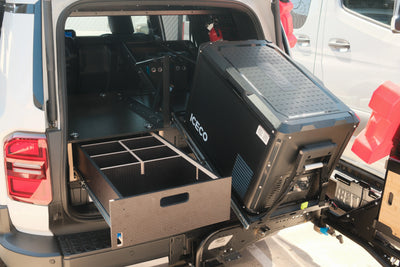 Overlanding storage system with ICECO cooler and modular drawers in truck bed